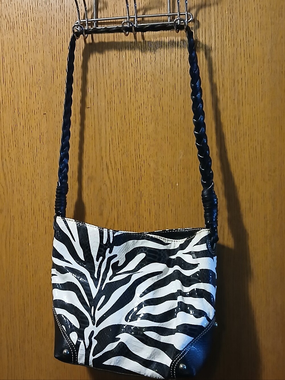 BUENO Black White Zebra Print Shoulder Bag Braided Strap Handbag